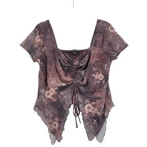 Y2K fairycore Paisley Floral Mesh Handkerchief Top Boho XL Ruched Front